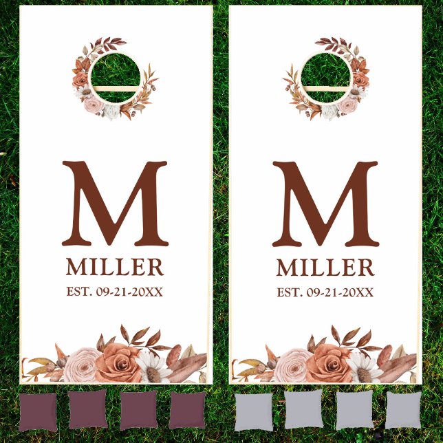 Terracotta Floral Monogram Wedding Newly Weds Cornhole Set (Creator Uploaded)