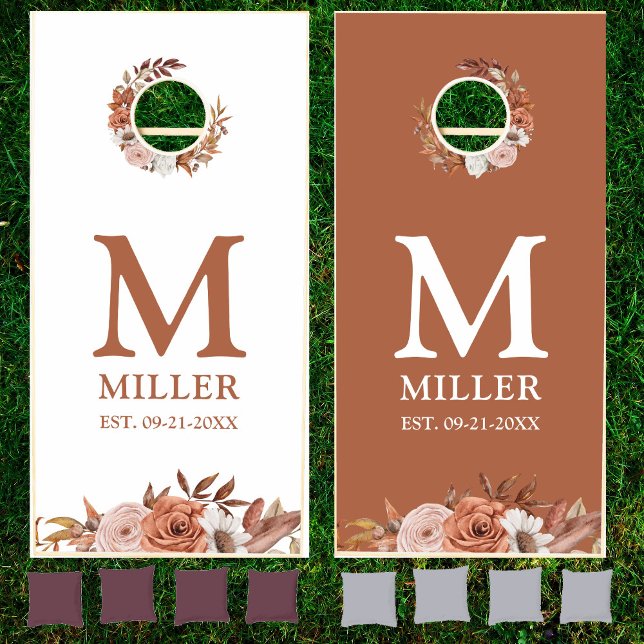 Terracotta Floral Monogram Wedding Newly Weds Cornhole Set (Creator Uploaded)