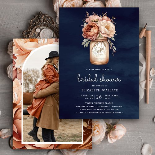 Terracotta Floral Navy Blue Photo Bridal Shower Invitation