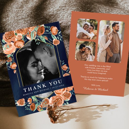Terracotta Floral Navy Blue Photo Collage Wedding Thank You Card