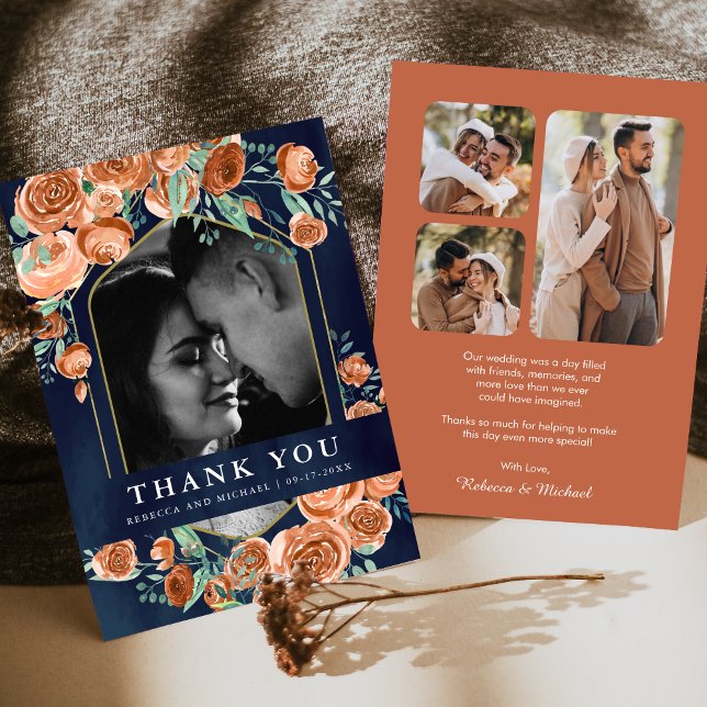Terracotta Floral Navy Blue Photo Collage Wedding Thank You Card (Creator Uploaded)