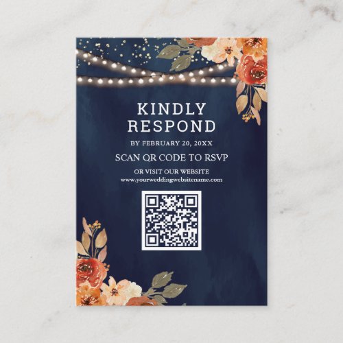 Terracotta Floral Navy Blue QR Code RSVP Wedding Enclosure Card