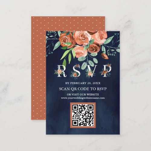 Terracotta Floral Navy Blue QR Code RSVP Wedding Enclosure Card