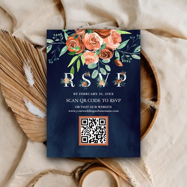 Terracotta Floral Navy Blue QR Code RSVP Wedding Enclosure Card (Creator Uploaded)