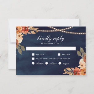 Terracotta Floral Navy Blue Wedding RSVP Card