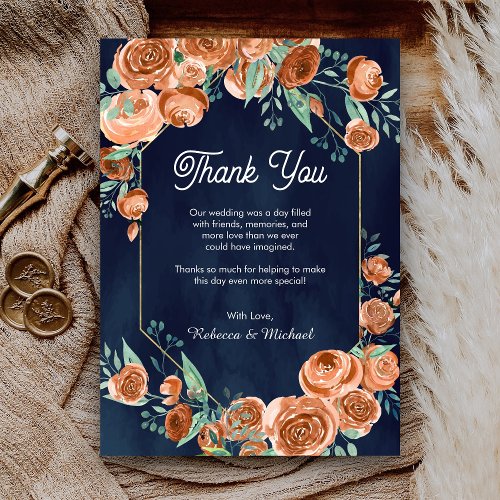 Terracotta Floral Navy Blue Wedding Thank You Card