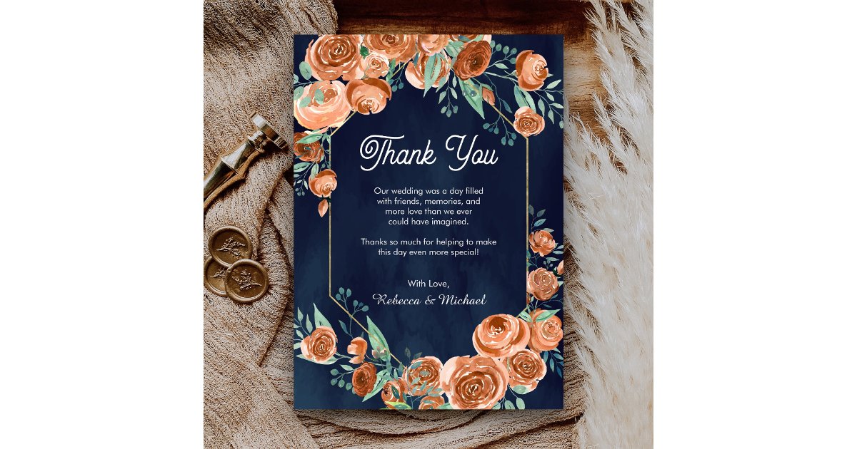 Terracotta Floral Navy Blue Wedding Thank You Card | Zazzle
