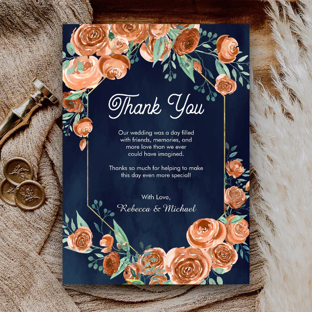 Terracotta Floral Navy Blue Wedding Thank You Card | Zazzle