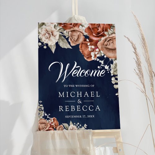 Terracotta Floral Navy Blue Wedding Welcome Foam Board