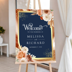 Terracotta Floral Navy Blue Wedding Welcome Sign