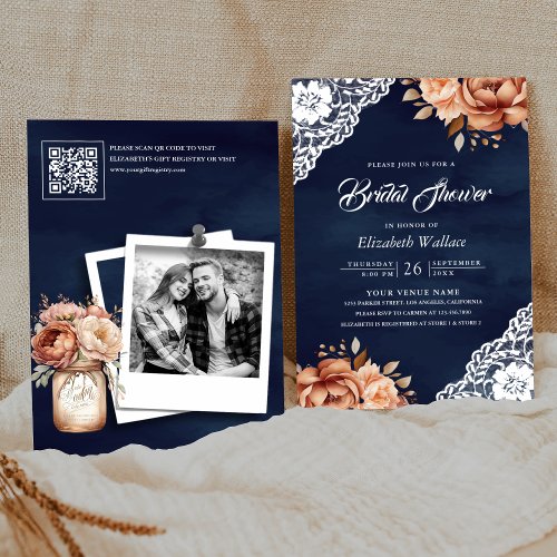 Terracotta Floral Navy Photo QR Code Bridal Shower Invitation