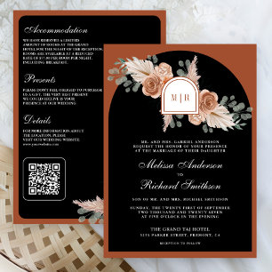 Terracotta Floral Pampas Black QR Code Wedding Invitation