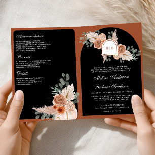 Terracotta Floral Pampas Black QR Code Wedding Invitation