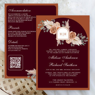 Terracotta Floral Pampas Burgundy QR Code Wedding Invitation