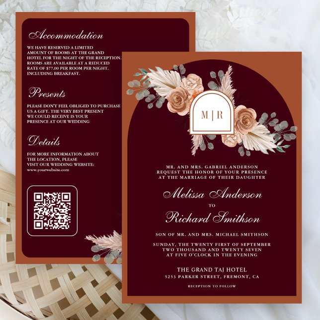 Terracotta Floral Pampas Burgundy QR Code Wedding Invitation (Creator Uploaded)