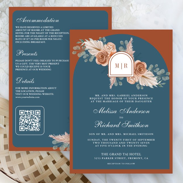 Terracotta Floral Pampas Dusty Blue Wedding Invitation (Creator Uploaded)
