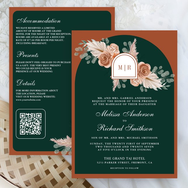 Terracotta Floral Pampas Emerald QR Code Wedding Invitation (Creator Uploaded)