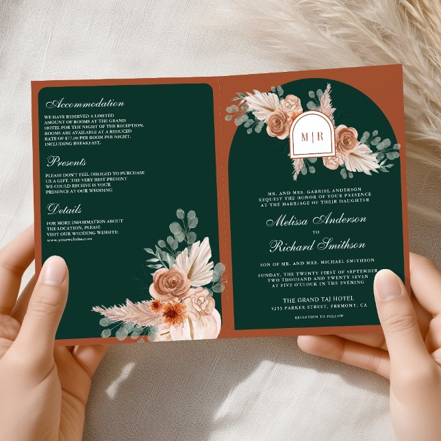 Terracotta Floral Pampas Emerald QR Code Wedding Invitation (Creator Uploaded)
