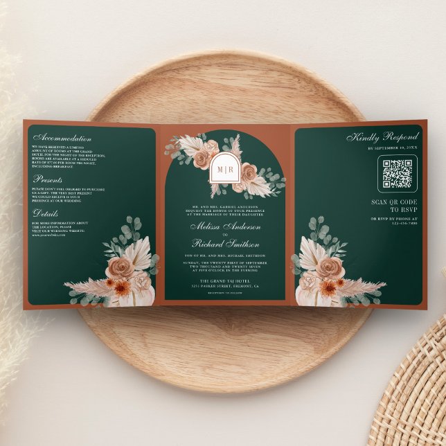 Terracotta Floral Pampas Emerald QR Code Wedding Tri-Fold Invitation (Creator Uploaded)