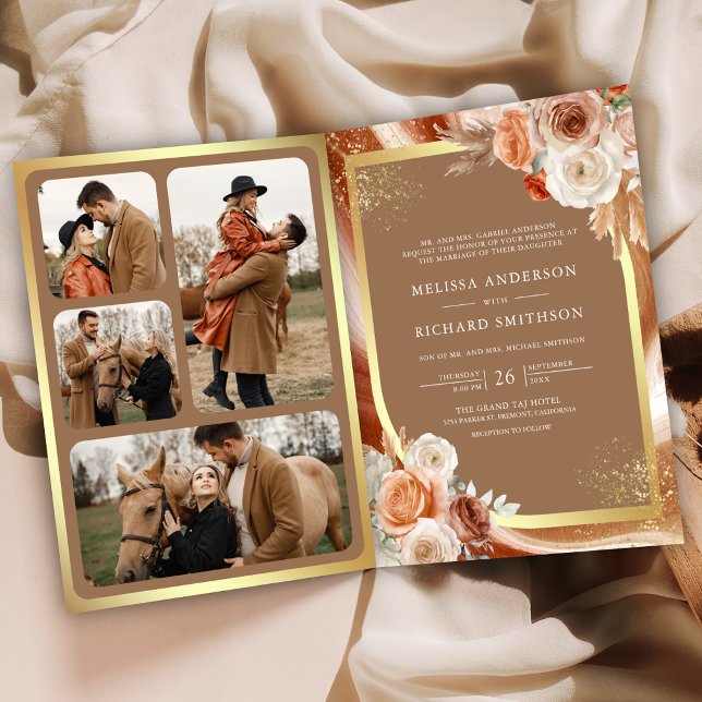 Terracotta Floral Pampas Gold Beige Tan Wedding Invitation (Creator Uploaded)