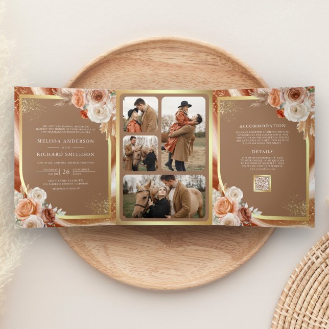 Terracotta Floral Pampas Gold Beige Wedding Tri-Fold Invitation (Creator Uploaded)