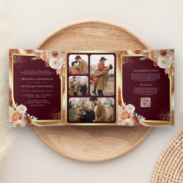 Terracotta Floral Pampas Gold Burgundy Wedding Tri-Fold Invitation (Creator Uploaded)