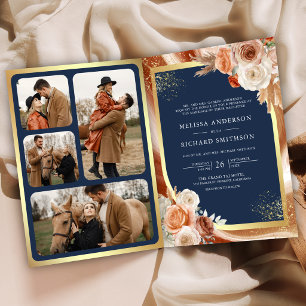 Terracotta Floral Pampas Gold Navy Blue Wedding Invitation