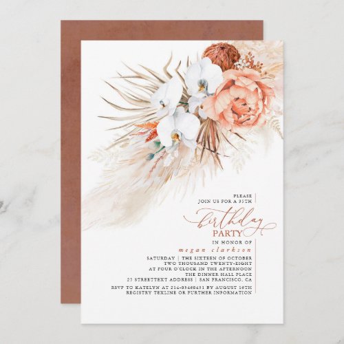 Terracotta Floral Pampas Grass Birthday Party Invitation