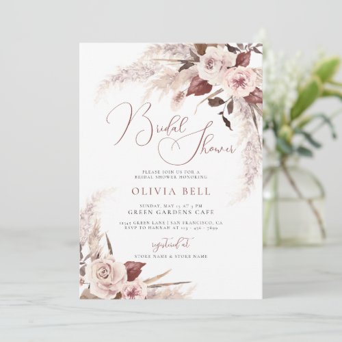 Terracotta Floral Pampas Grass Boho Bridal Shower Invitation