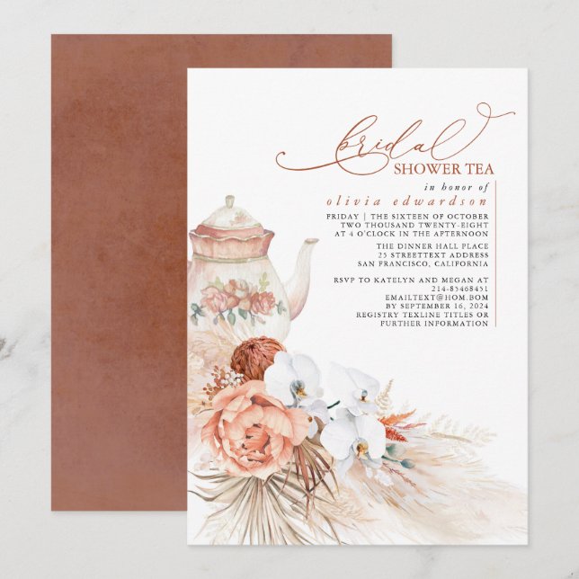 Terracotta Floral Pampas Grass Bridal Shower Tea Invitation (Front/Back)
