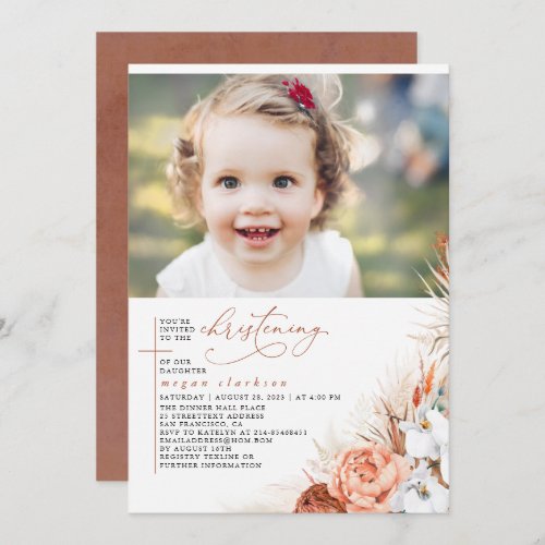 Terracotta Floral Pampas Grass Christening Photo Invitation