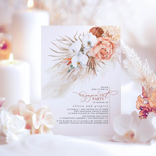 Terracotta Floral Pampas Grass Engagement Party Invitation