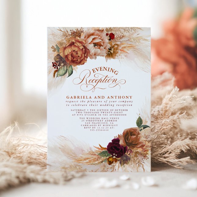 Terracotta Floral Pampas Grass Evening Reception Invitation (Terracotta Floral Fall Wedding Evening Reception Invitations)