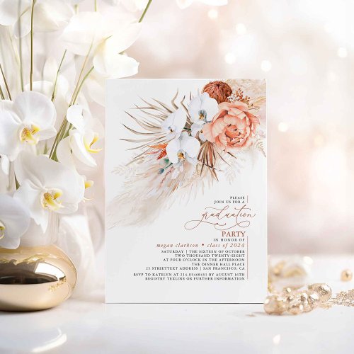 Terracotta Floral Pampas Grass Graduation Party Invitation