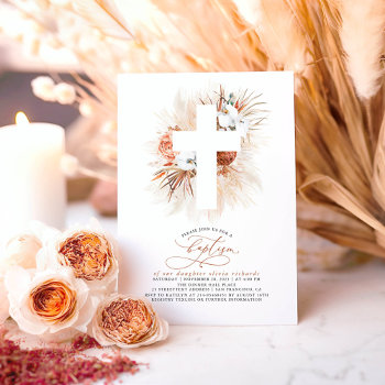 Terracotta Floral Pampas Grass Modern Baptism Invi Invitation by lovelywow at Zazzle