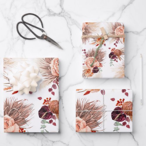 Terracotta Floral Pampas Grass Pattern Elegant Wrapping Paper Sheets