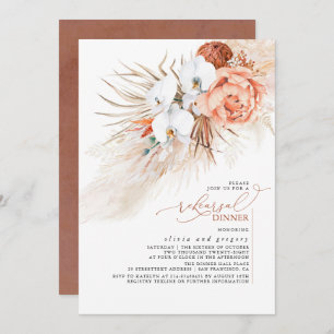 Terracotta Floral Pampas Grass Rehearsal Dinner In Invitation