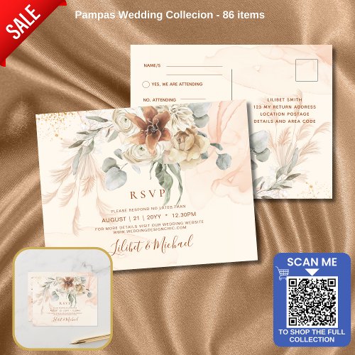 Terracotta Floral Pampas Grass RSVP WEDDING Postca Postcard