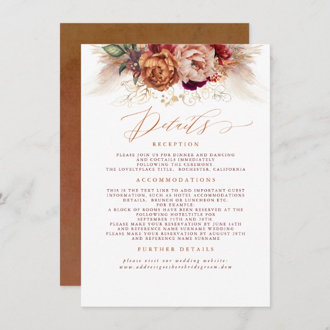 Terracotta Floral Pampas Grass Wedding Details Enclosure Card (Front/Back)