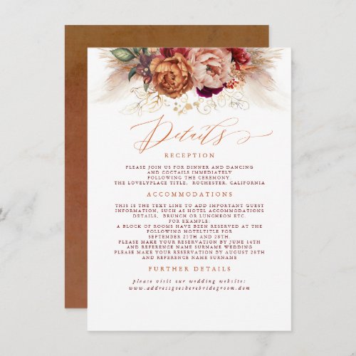 Terracotta Floral Pampas Grass Wedding Details Enclosure Card