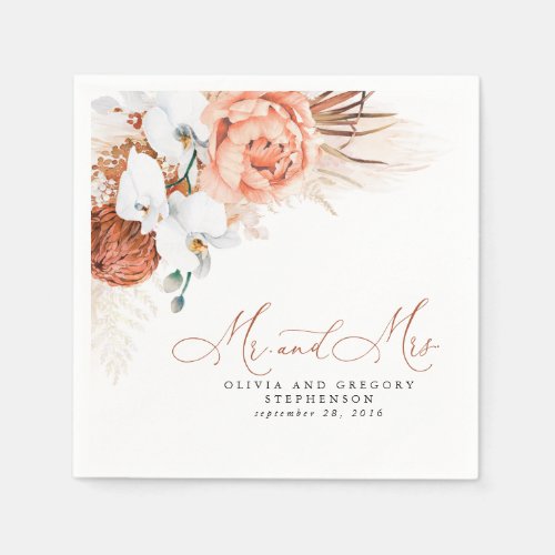 Terracotta Floral Pampas Grass Wedding Napkins