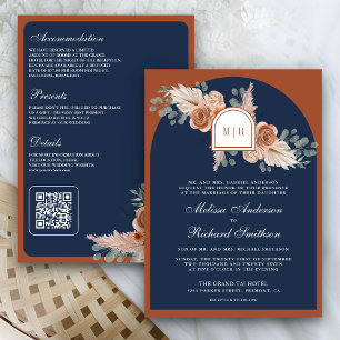 Terracotta Floral Pampas Navy Blue QR Code Wedding Invitation
