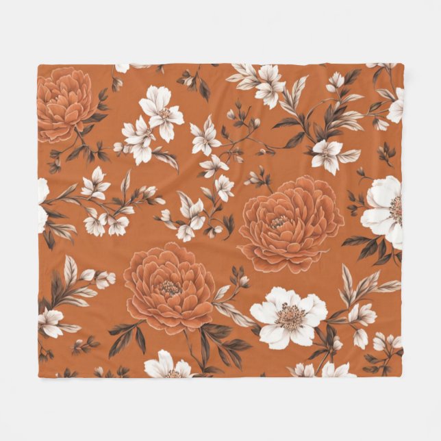 Terracotta Floral Pattern Fleece Blanket (Front (Horizontal))