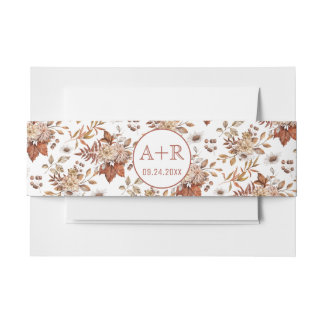 Terracotta floral pattern initials fall wedding invitation belly band