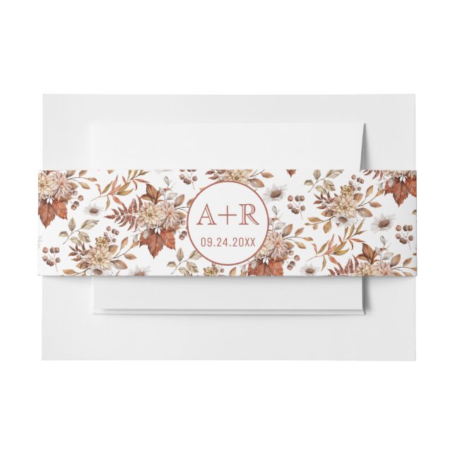 Terracotta floral pattern initials fall wedding invitation belly band (Front Example)