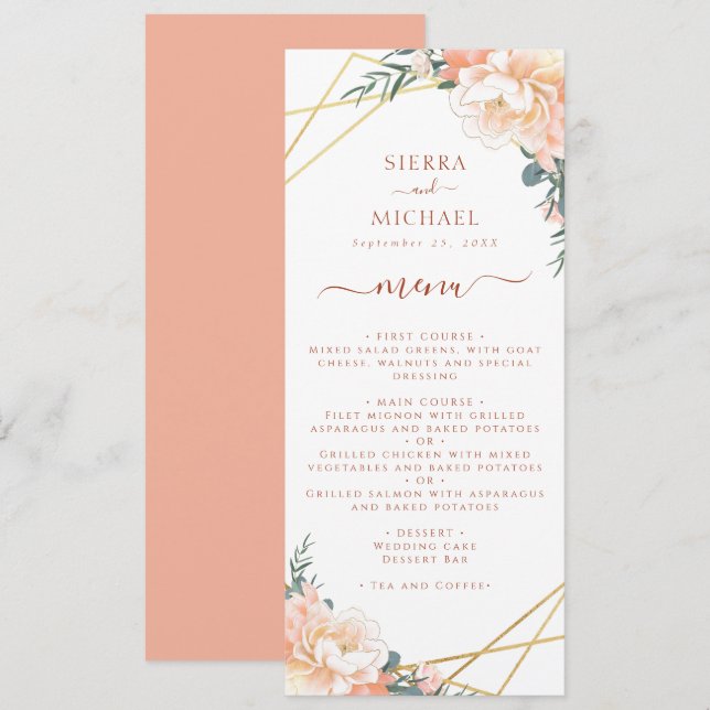 Terracotta Floral Peach Gold Wedding Reception Menu (Front/Back)