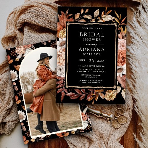 Terracotta Floral Photo Black Bridal Shower  Invitation