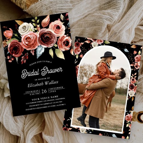 Terracotta Floral Photo Black Bridal Shower Invitation