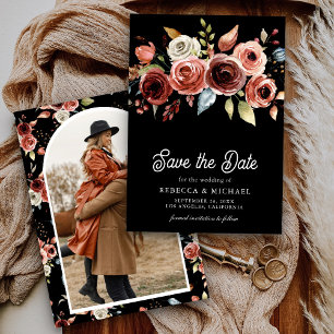 Terracotta Floral Photo Black Wedding Save The Date