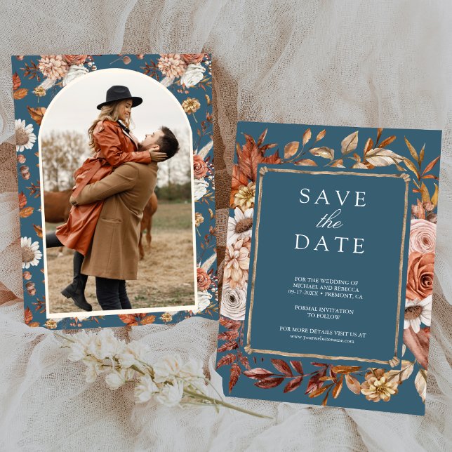 Terracotta Floral Photo Dusty Blue Wedding Save The Date (Creator Uploaded)